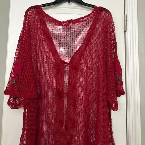 Kaktus Red Sheer Open Knit Sparkle Boho Asymmetrical Top XXL NWT Whimsigoth - Picture 8 of 13